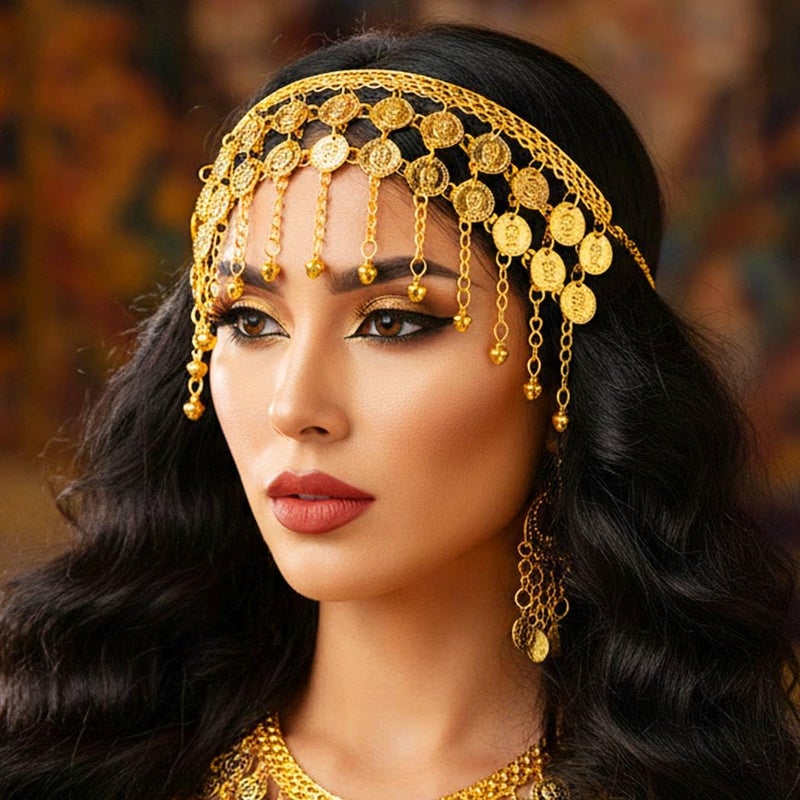 أوكملا طوق رأس على شكل عملة ذهبية من أوكملا، سلسلة رأس للرقص الشرقي، مزين بالترتر، قطعة رأس تنكرية، إكسسوارات شعر للنساء - Image 3